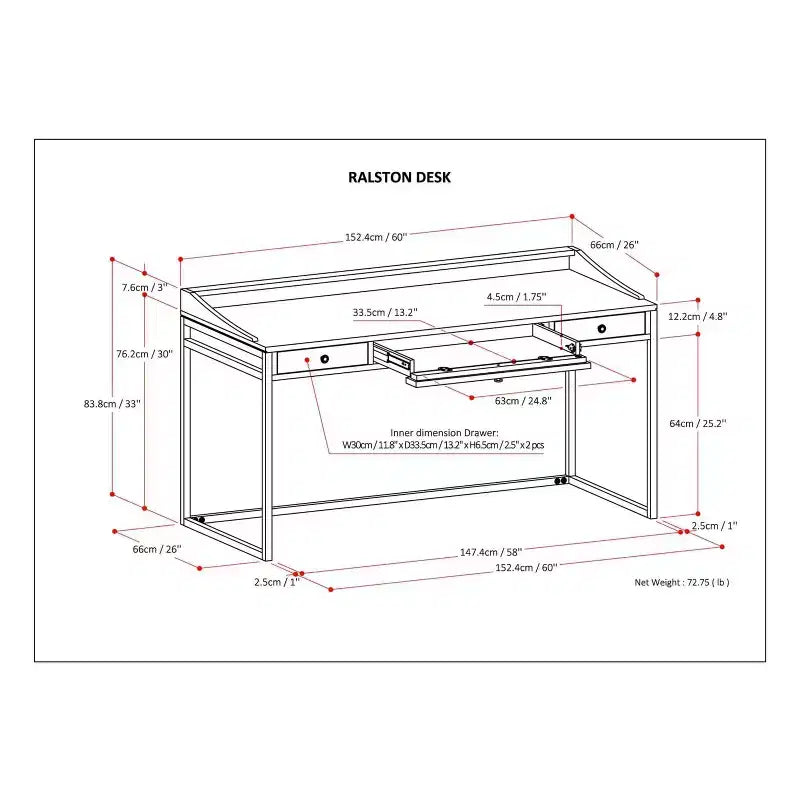 Bureau de 152 cm de large avec tablette coulissante pour clavier et 2 tiroirs, contreplaqué et structure métallique