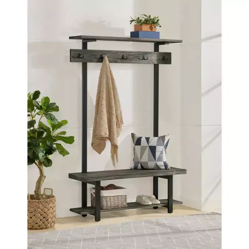 Pomona, meuble d'entrée avec banc, étagère et 5 patères, pin rustique