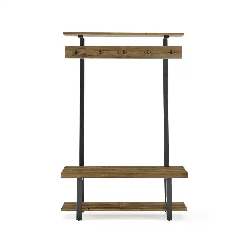 Pomona, meuble d'entrée avec banc, étagère et 5 patères, pin rustique