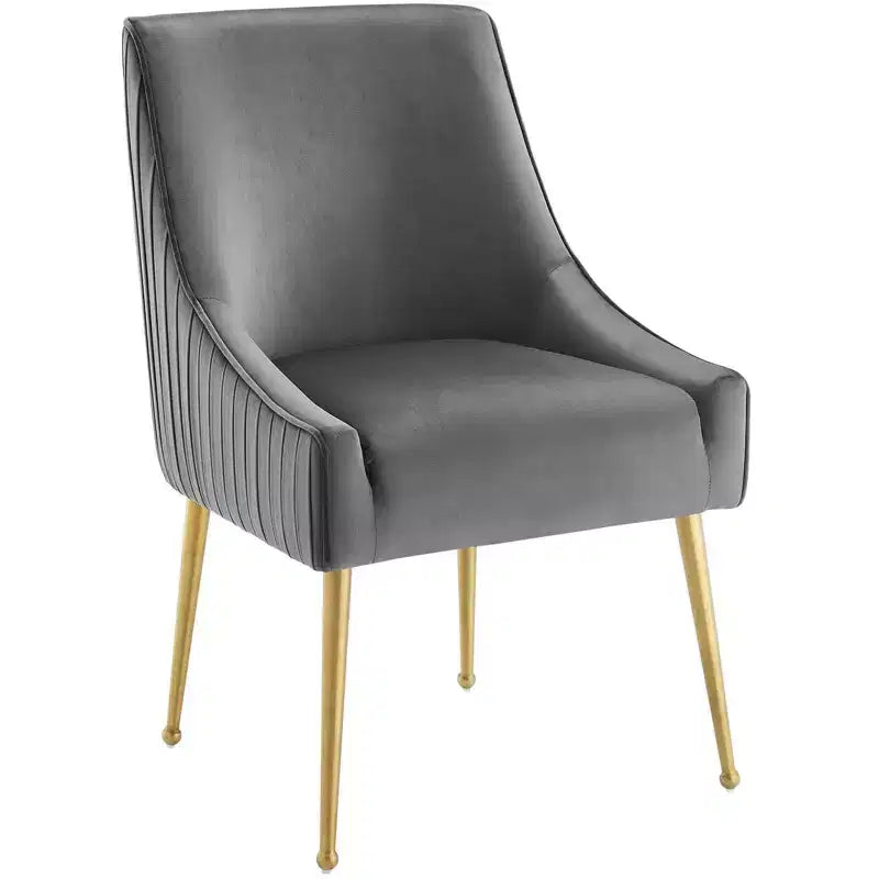 Lot de 2 chaises de salle à manger en velours de performance, dossier plissé, pieds en métal doré brossé