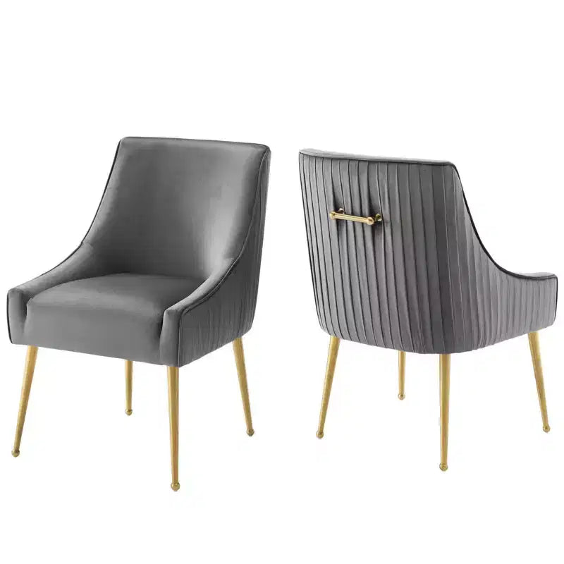 Lot de 2 chaises de salle à manger en velours de performance, dossier plissé, pieds en métal doré brossé