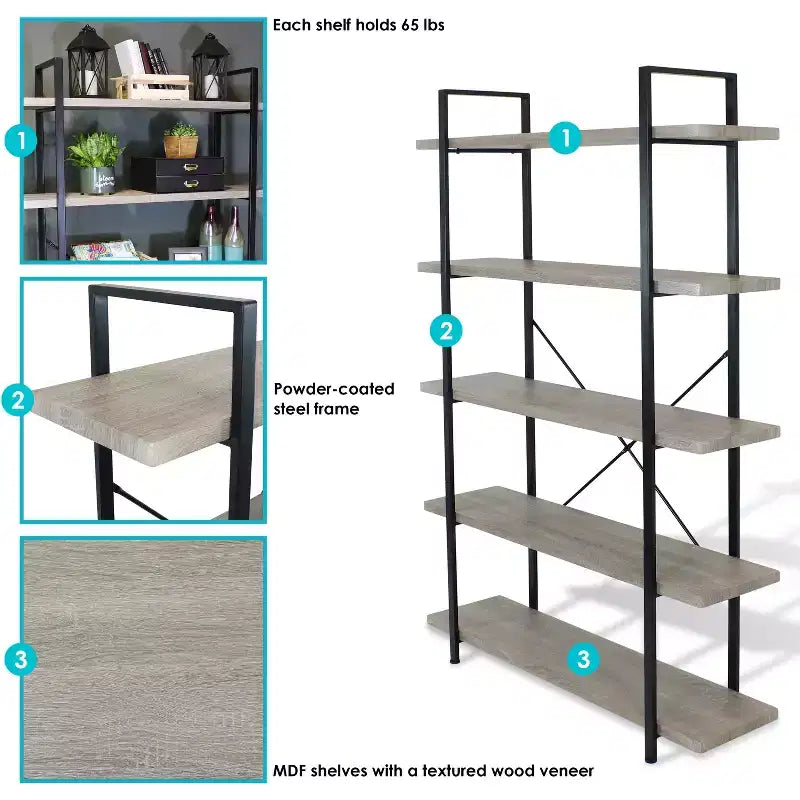Étagère bibliothèque industrielle autoportante à 5 tablettes, placage bois chêne gris, 47,5 po L