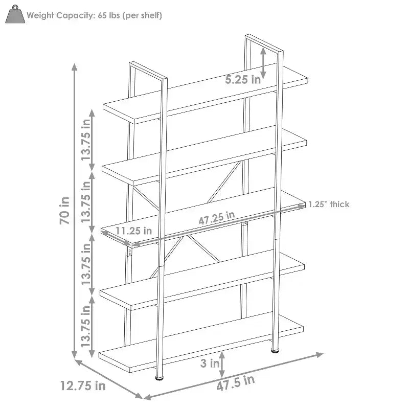 Étagère bibliothèque industrielle autoportante à 5 tablettes, placage bois chêne gris, 47,5 po L