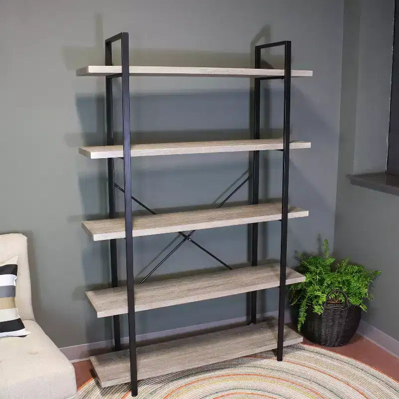 Étagère bibliothèque industrielle autoportante à 5 tablettes, placage bois chêne gris, 47,5 po L