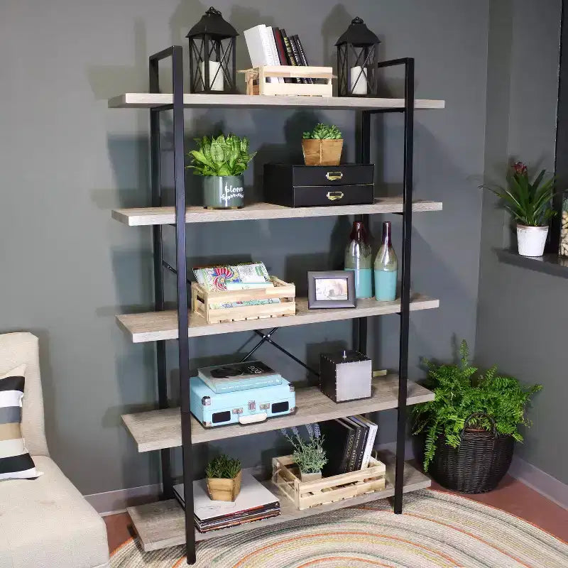 Étagère bibliothèque industrielle autoportante à 5 tablettes, placage bois chêne gris, 47,5 po L